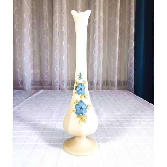 Fenton Custard Glass Vase Hand Painted Blue Flowers Signed 11" High - Picture 1 of 6
